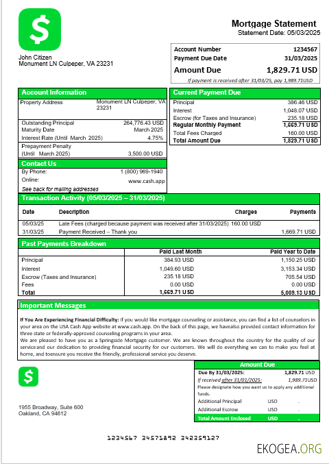 Relevé hypothécaire USA Cash App aux formats Word et PDF
